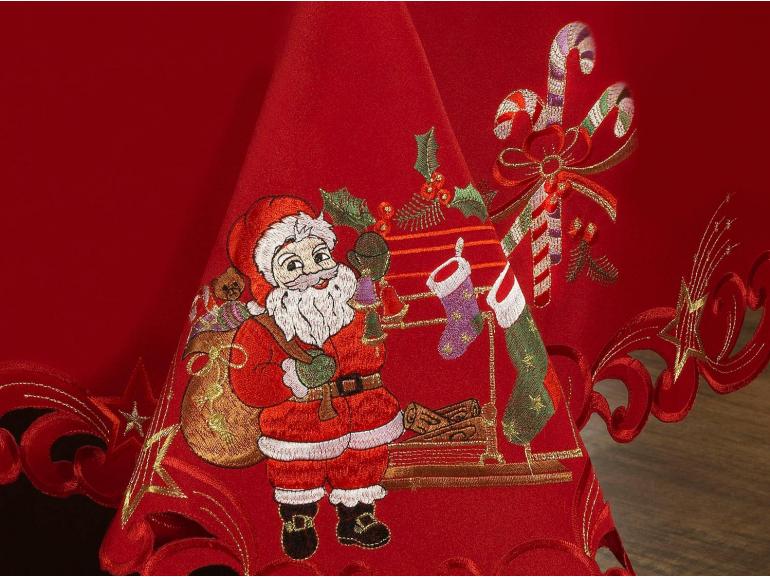 Toalha de Mesa Natal com Bordado Richelieu Quadrada 8 Lugares 220x220cm - Papai Noel Vermelho - Dui Design