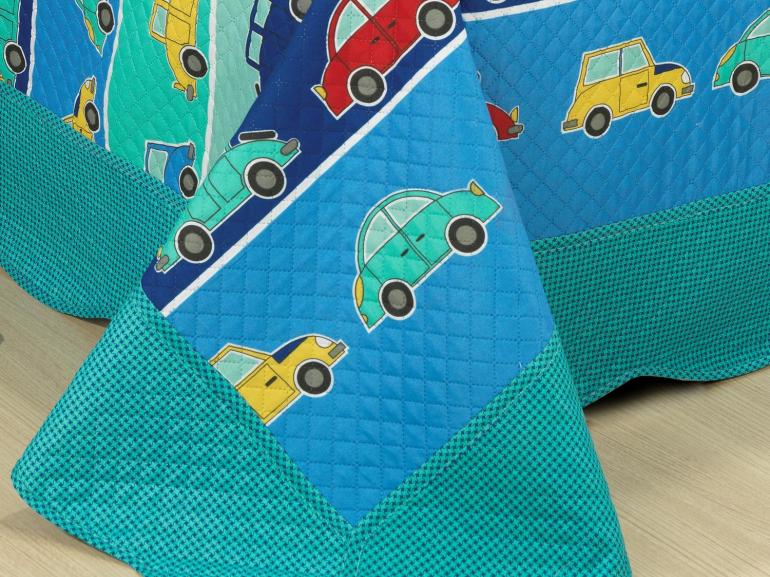 Kit: 1 Cobre-leito Solteiro Kids Bouti de Microfibra PatchWork Ultrasonic + 1 Porta-travesseiro - Parkin Azul - Dui Design