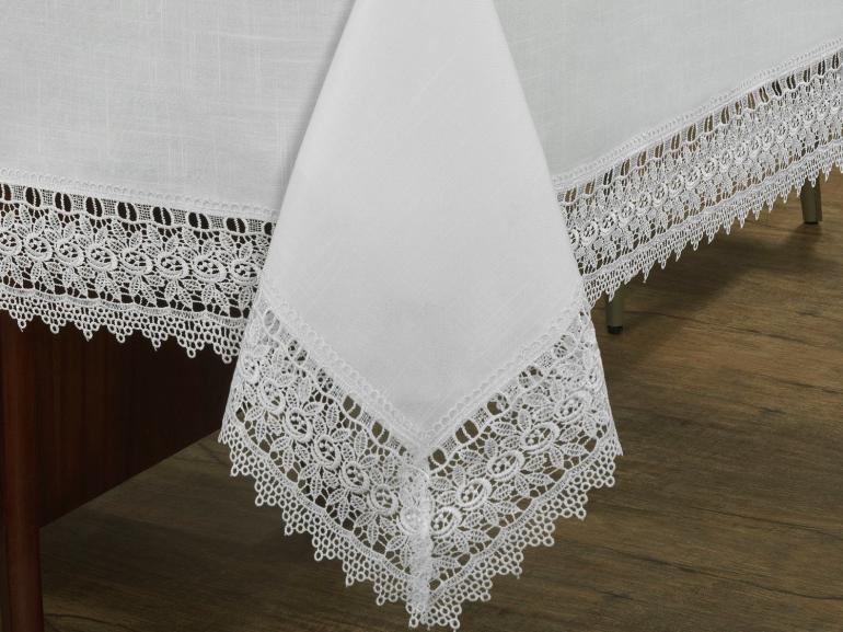 Toalha de Mesa com efeito Linho e com Bordado Guipir Retangular 8 Lugares 160x270cm - Parma Branco e Branco - Dui Design