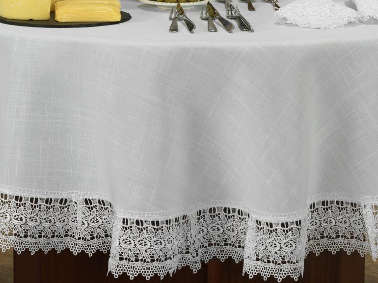 Toalha de Mesa com efeito Linho e com Bordado Guipir Redonda 180cm - Parma Branco e Branco - Dui Design