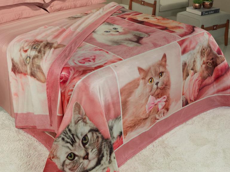 Cobertor Avulso Solteiro Flanelado com Estampa Digital 260 gramas/m² - Pink Cats - Dui Design