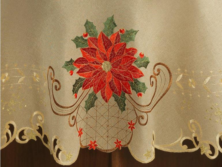 Toalha de Mesa Natal com Bordado Richelieu Redonda 175cm - Poinsetia Bege - Dui Design