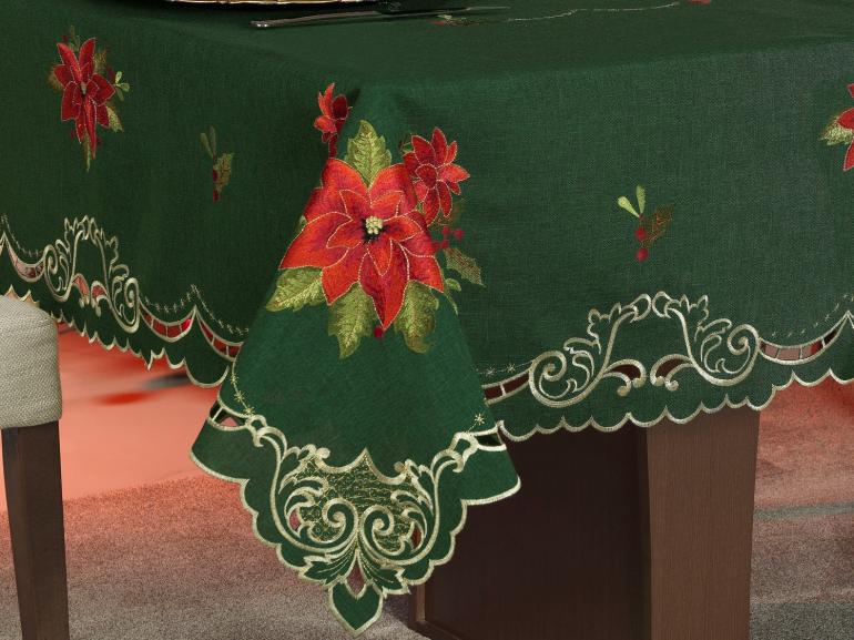 Toalha de Mesa Natal com Bordado Richelieu Quadrada 4 Lugares 160x160cm - Poinsetia Verde - Dui Design