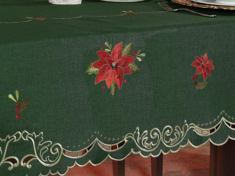 Toalha de Mesa Natal com Bordado Richelieu Retangular 6 Lugares 160x220cm - Poinsetia Verde - Dui Design