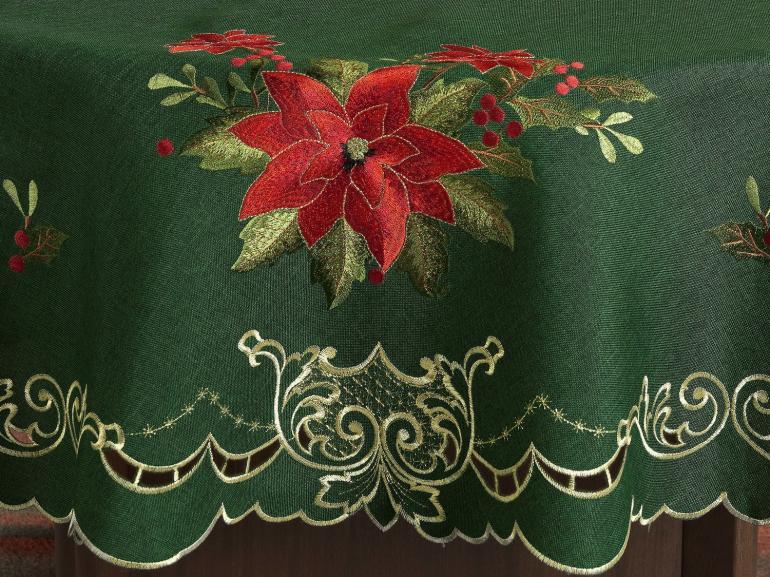 Toalha de Mesa Natal com Bordado Richelieu Redonda 175cm - Poinsetia Verde - Dui Design
