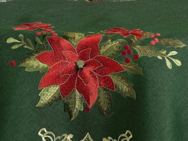 Toalha de Mesa Natal com Bordado Richelieu Redonda 175cm - Poinsetia Verde - Dui Design