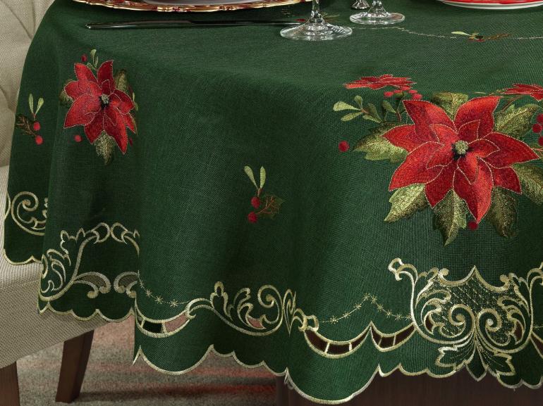 Toalha de Mesa Natal com Bordado Richelieu Redonda 175cm - Poinsetia Verde - Dui Design