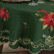 Toalha de Mesa Natal com Bordado Richelieu Redonda 175cm - Poinsetia Verde - Dui Design