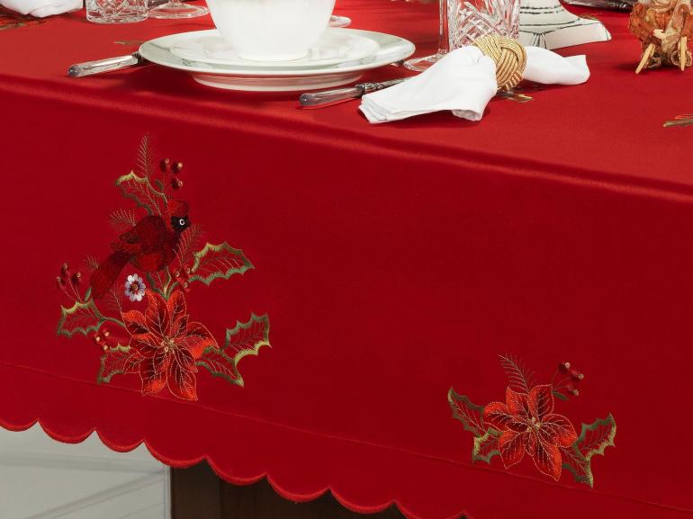 Toalha de Mesa Natal com Bordado Richelieu Quadrada 4 Lugares 160x160cm - Poinsetia Vermelho - Dui Design