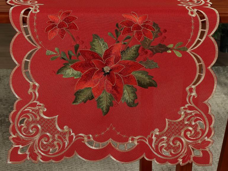 Trilho de Mesa Natal com Bordado Richelieu 45x170cm Avulso - Poinsetia Vermelho - Dui Design