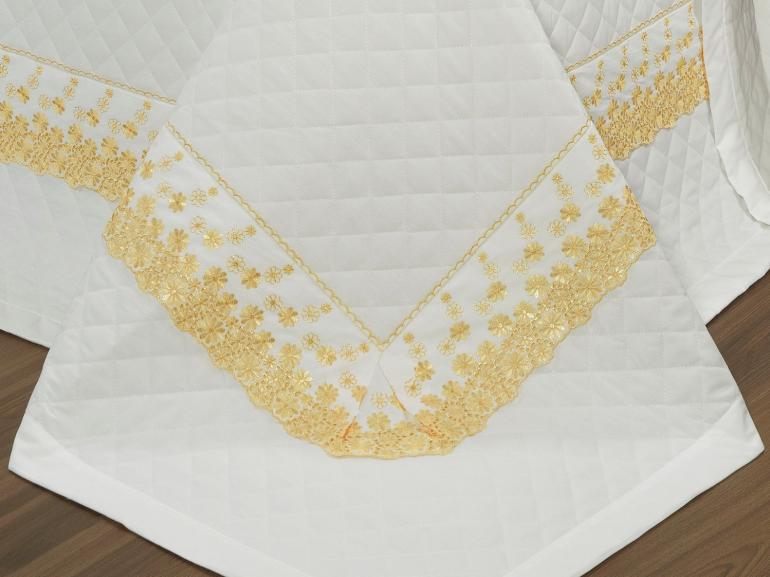Kit: 1 Cobre-leito Casal + 2 porta-travesseiros Percal 200 fios com Bordado Inglês - Primavera Branco e Amarelo - Dui Design