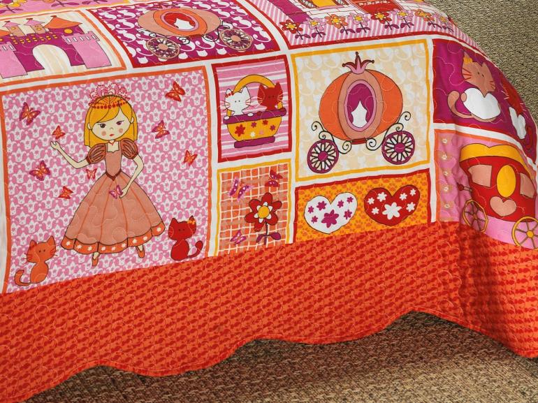 Kit: 1 Cobre-leito Solteiro Kids Bouti de Microfibra PatchWork + 1 Porta-travesseiro - Princesinha Vermelho - Dui Design