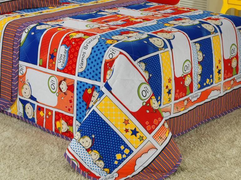 Kit: 1 Cobre-leito Casal Kids + 2 Portas-travesseiro 150 fios 100% Algodo - Quadrinhos Multicor - Dui Design