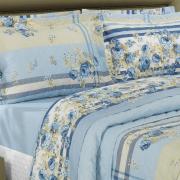 Kit: 1 Cobre-leito Casal + 2 Porta-travesseiros Percal 180 fios - Rosemary Azul - Dui Design