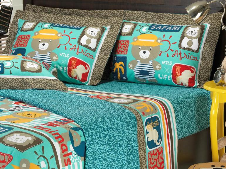 Kit: 1 Cobre-leito Casal Kids + 2 Porta-travesseiros 150 fios 100% Algodo - Safari Acqua - Dui Design