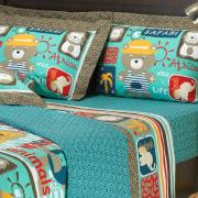 Kit: 1 Cobre-leito Casal Kids + 2 Porta-travesseiros 150 fios 100% Algodo - Safari Acqua - Dui Design