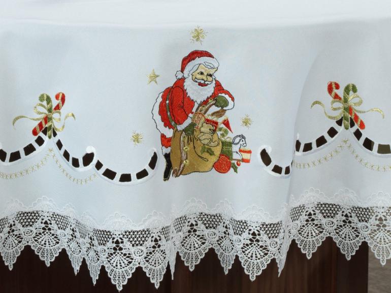 Toalha de Mesa Natal com Bordado Richelieu Redonda 180cm - Santa Claus Branco - Dui Design