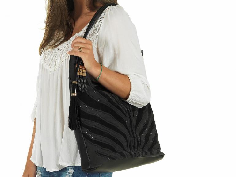 Bolsa de Ombro em Couro Natural (60%) - Savana Preto - Velina Fabbiano