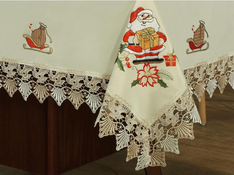 Toalha de Mesa Natal com Bordado Richelieu Quadrada 4 Lugares 160x160cm - Serenata Bege - Dui Design
