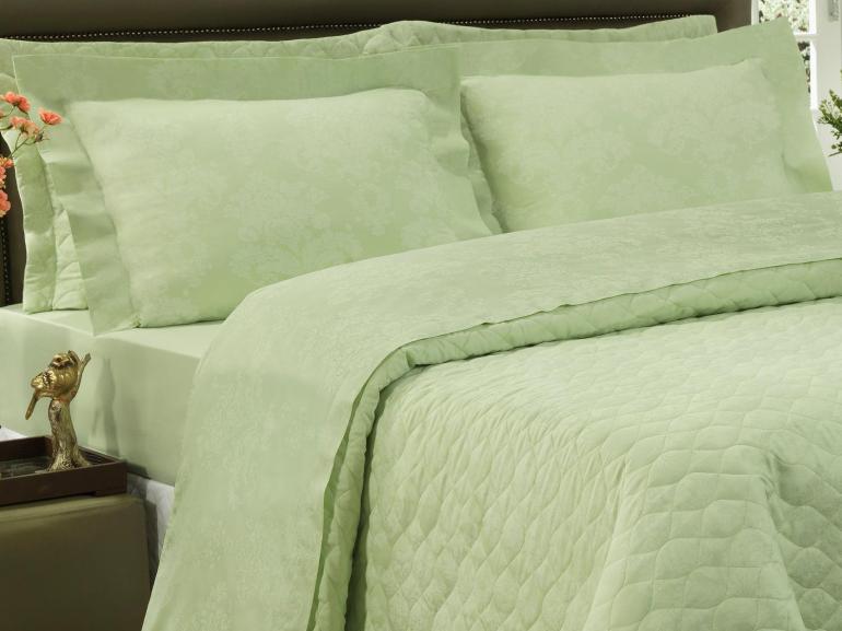 Kit: 1 Cobre-leito Casal + 2 porta-travesseiros Cetim 300 fios Jacquard - Sevilha Verde - Dui Design