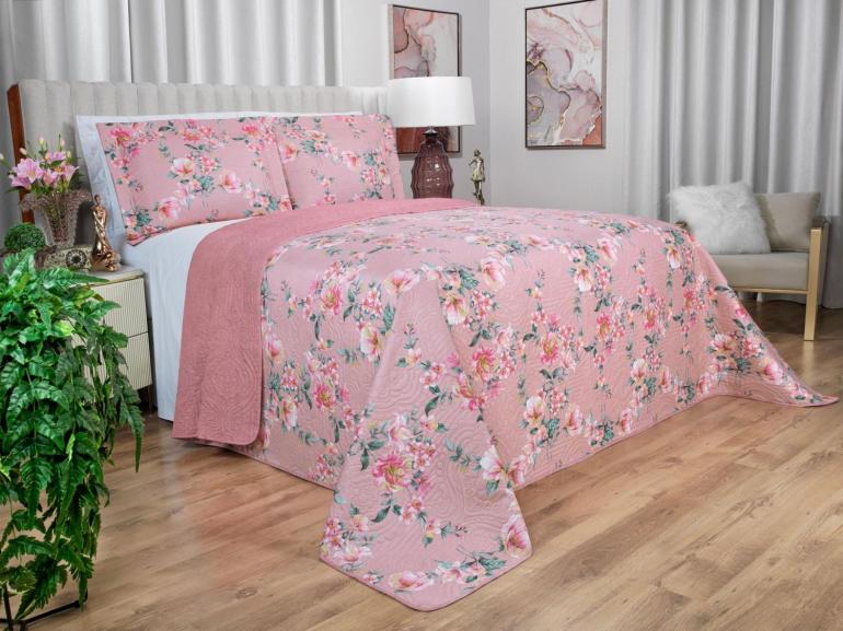 Kit: 1 Cobre-leito King Bouti de Microfibra Ultrasonic Estampada + 2 Porta-travesseiros - Simone Rosa Velho - Dui Design