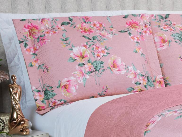 Kit: 1 Cobre-leito King Bouti de Microfibra Ultrasonic Estampada + 2 Porta-travesseiros - Simone Rosa Velho - Dui Design