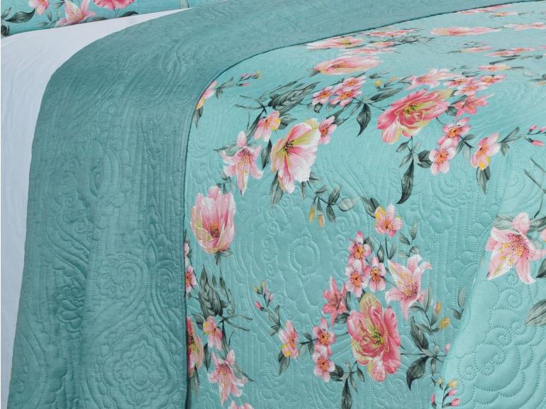 Kit: 1 Cobre-leito King Bouti de Microfibra Ultrasonic Estampada + 2 Porta-travesseiros - Simone Turquesa - Dui Design