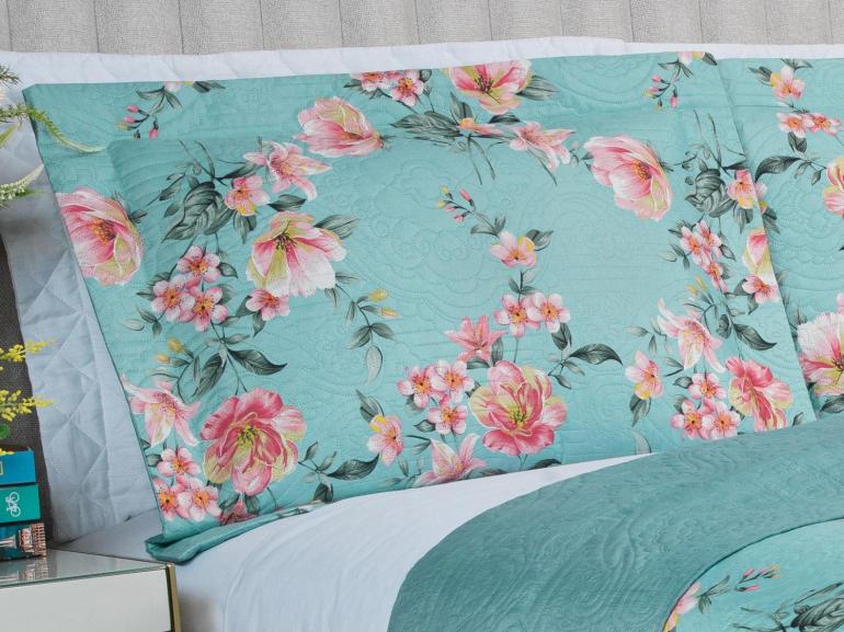 Kit: 1 Cobre-leito King Bouti de Microfibra Ultrasonic Estampada + 2 Porta-travesseiros - Simone Turquesa - Dui Design
