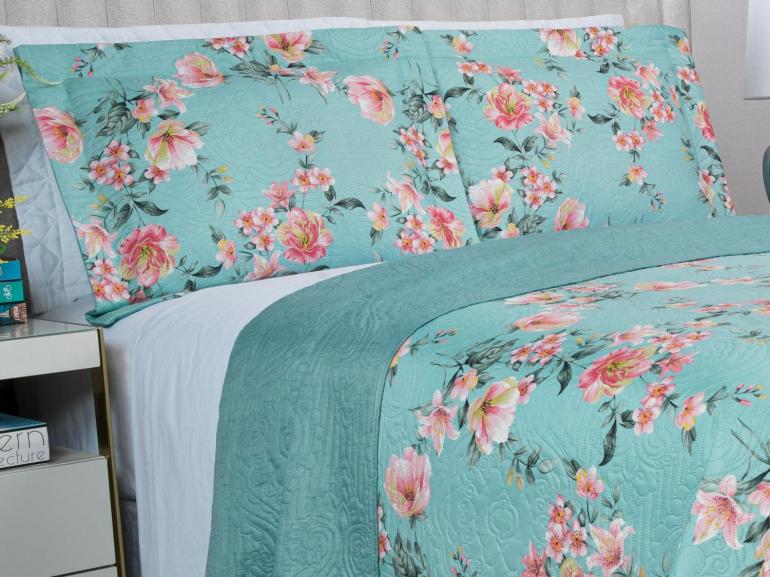 Kit: 1 Cobre-leito King Bouti de Microfibra Ultrasonic Estampada + 2 Porta-travesseiros - Simone Turquesa - Dui Design