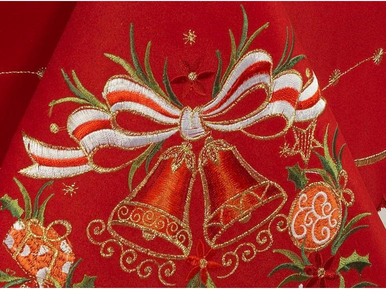 Toalha de Mesa Natal com Bordado Richelieu Quadrada 4 Lugares 160x160cm - Sinos de Natal Vermelho - Dui Design