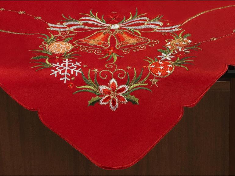 Centro de Mesa Natal Quadrado com Bordado Richelieu 85x85cm - Sinos de Natal Vermelho - Dui Design