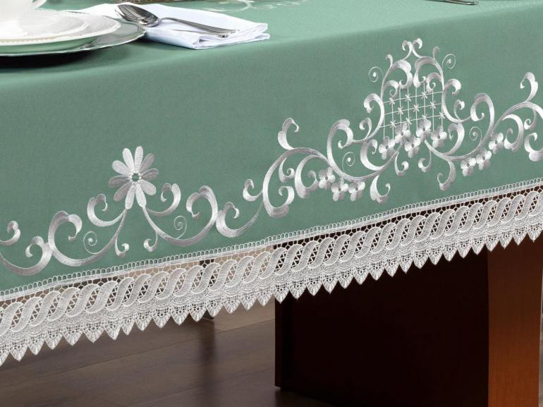 Toalha de Mesa com Bordado Richelieu Retangular 8 Lugares 160x270cm - Sofia Verde - Dui Design