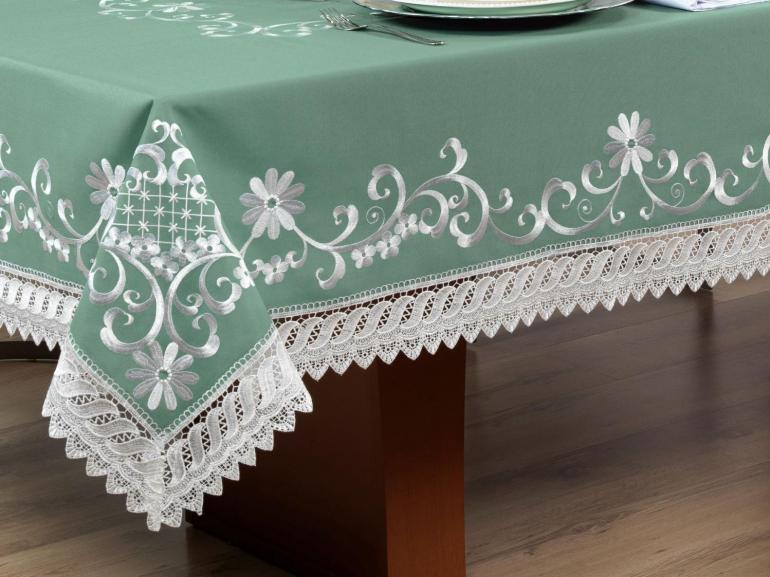 Toalha de Mesa com Bordado Richelieu Retangular 8 Lugares 160x270cm - Sofia Verde - Dui Design