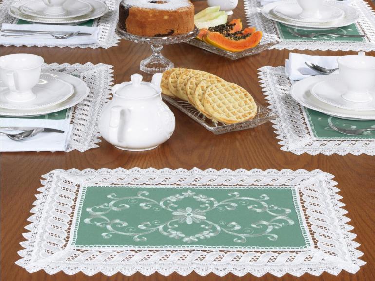 Jogo Americano  4 Lugares (4 peas) com Bordado Richelieu 35x50cm - Sofia Verde - Dui Design