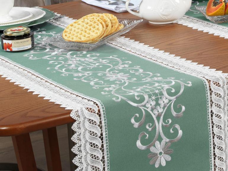 Trilho de Mesa com Bordado Richelieu 45x170cm Avulso - Sofia Verde - Dui Design