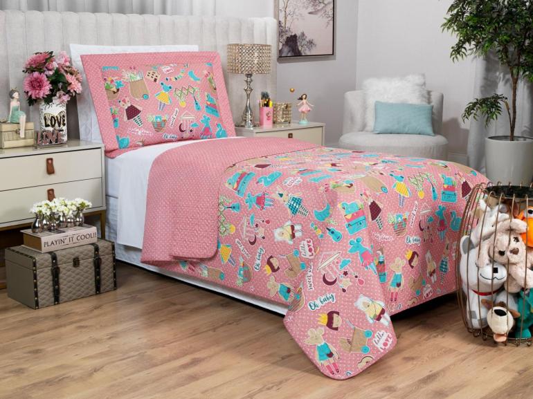 Kit: 1 Cobre-leito Solteiro Kids Bouti de Microfibra Ultrasonic Estampada + 1 Porta-travesseiro - Sticker Love - Dui Design