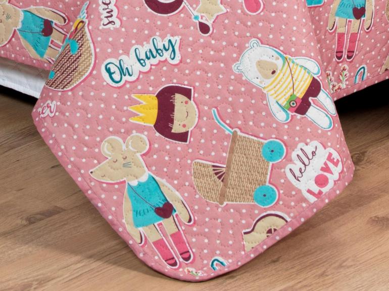 Kit: 1 Cobre-leito Solteiro Kids Bouti de Microfibra Ultrasonic Estampada + 1 Porta-travesseiro - Sticker Love - Dui Design