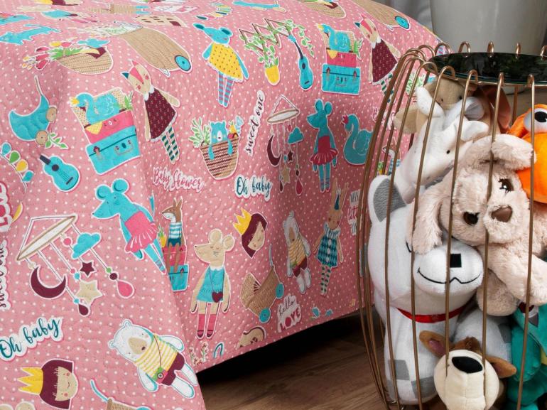 Kit: 1 Cobre-leito Solteiro Kids Bouti de Microfibra Ultrasonic Estampada + 1 Porta-travesseiro - Sticker Love - Dui Design