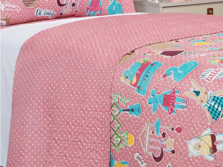 Kit: 1 Cobre-leito Solteiro Kids Bouti de Microfibra Ultrasonic Estampada + 1 Porta-travesseiro - Sticker Love - Dui Design