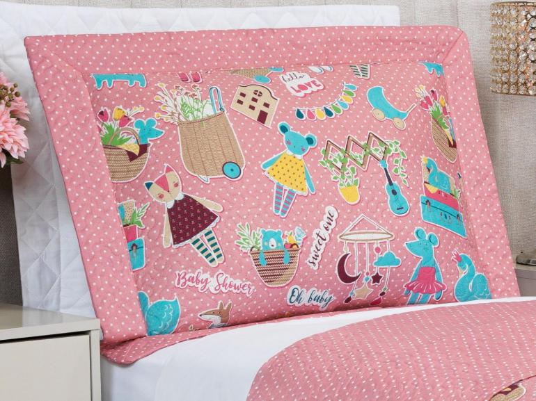 Kit: 1 Cobre-leito Solteiro Kids Bouti de Microfibra Ultrasonic Estampada + 1 Porta-travesseiro - Sticker Love - Dui Design