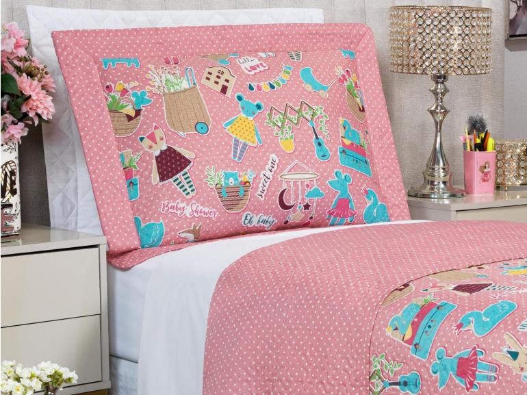 Kit: 1 Cobre-leito Solteiro Kids Bouti de Microfibra Ultrasonic Estampada + 1 Porta-travesseiro - Sticker Love - Dui Design