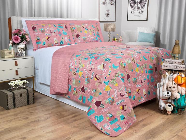 Kit: 1 Cobre-leito Casal Kids Bouti de Microfibra Ultrasonic Estampada + 2 Porta-travesseiros - Sticker Love - Dui Design