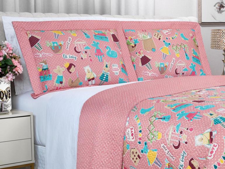 Kit: 1 Cobre-leito Casal Kids Bouti de Microfibra Ultrasonic Estampada + 2 Porta-travesseiros - Sticker Love - Dui Design