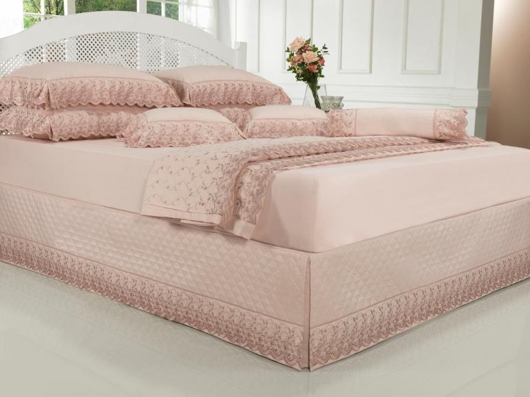 Saia para cama Box Matelassada com Bordado Ingls Solteiro - Sublime Rosa Velho - Dui Design
