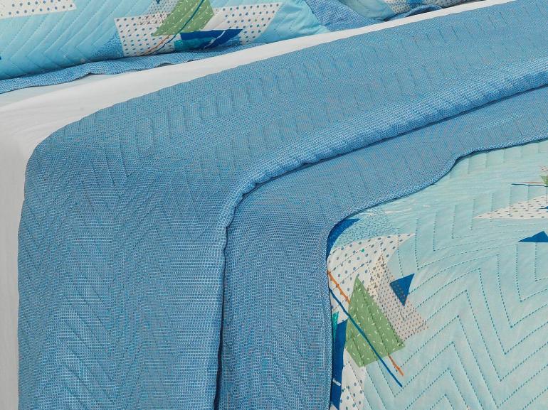 Kit: 1 Cobre-leito Casal Bouti de Microfibra Ultrasonic Estampada + 2 Porta-travesseiros - Taipei Azul - Dui Design
