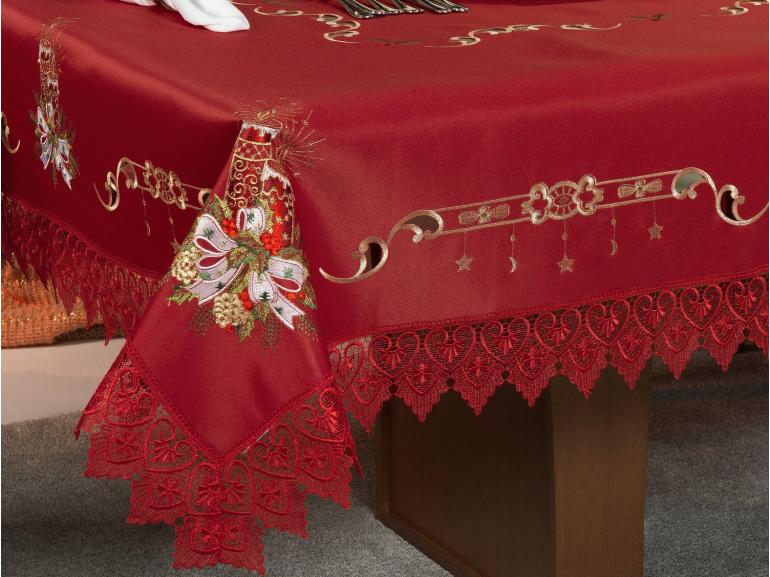 Toalha de Mesa Natal com Bordado Richelieu Retangular 10-12 Lugares 160x320cm - Tradição Vermelho - Dui Design