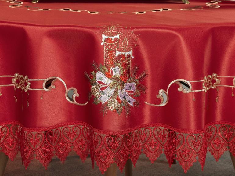 Toalha de Mesa Natal com Bordado Richelieu Redonda 180cm - Tradição Vermelho - Dui Design