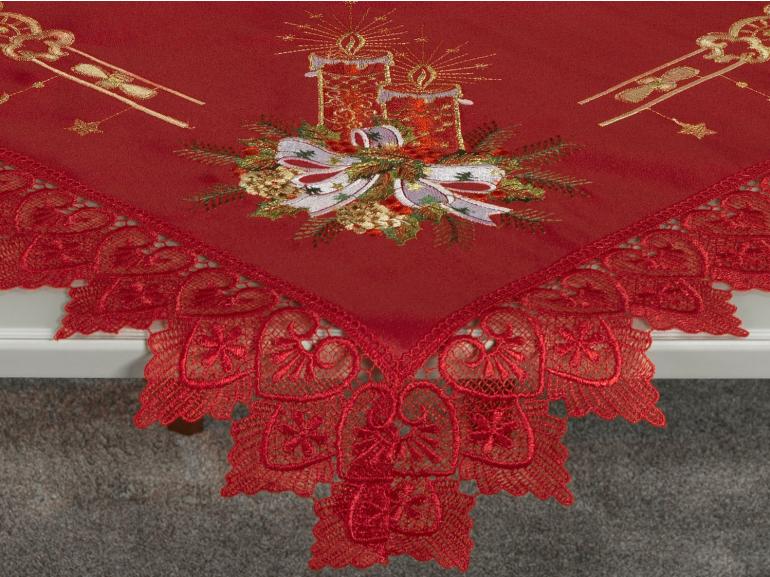 Centro de Mesa Natal Quadrado com Bordado Richelieu 85x85cm - Tradição Vermelho - Dui Design