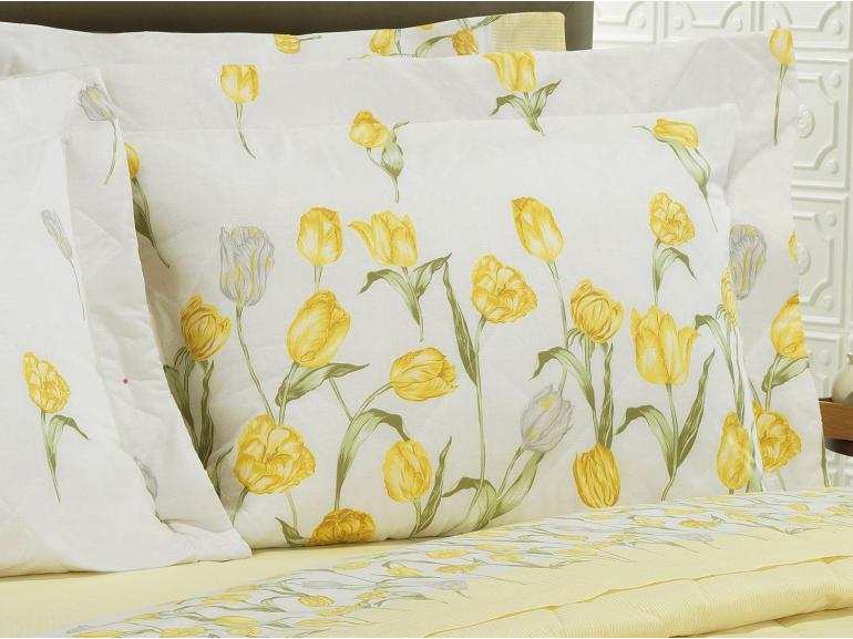 Kit: 1 Cobre-leito Queen + 2 Porta-travesseiros 150 fios - Tulipa Amarelo - Dui Design