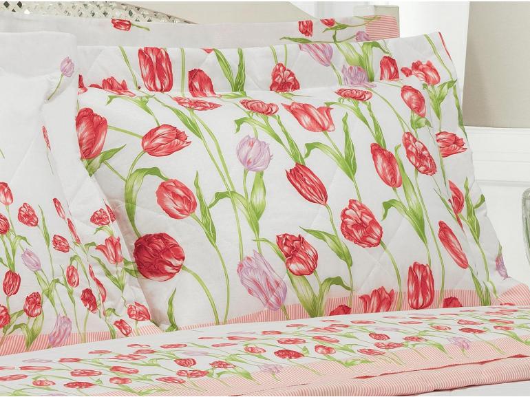 Kit: 1 Cobre-leito Solteiro + 1 Porta-travesseiro 150 fios - Tulipa Rosa - Dui Design